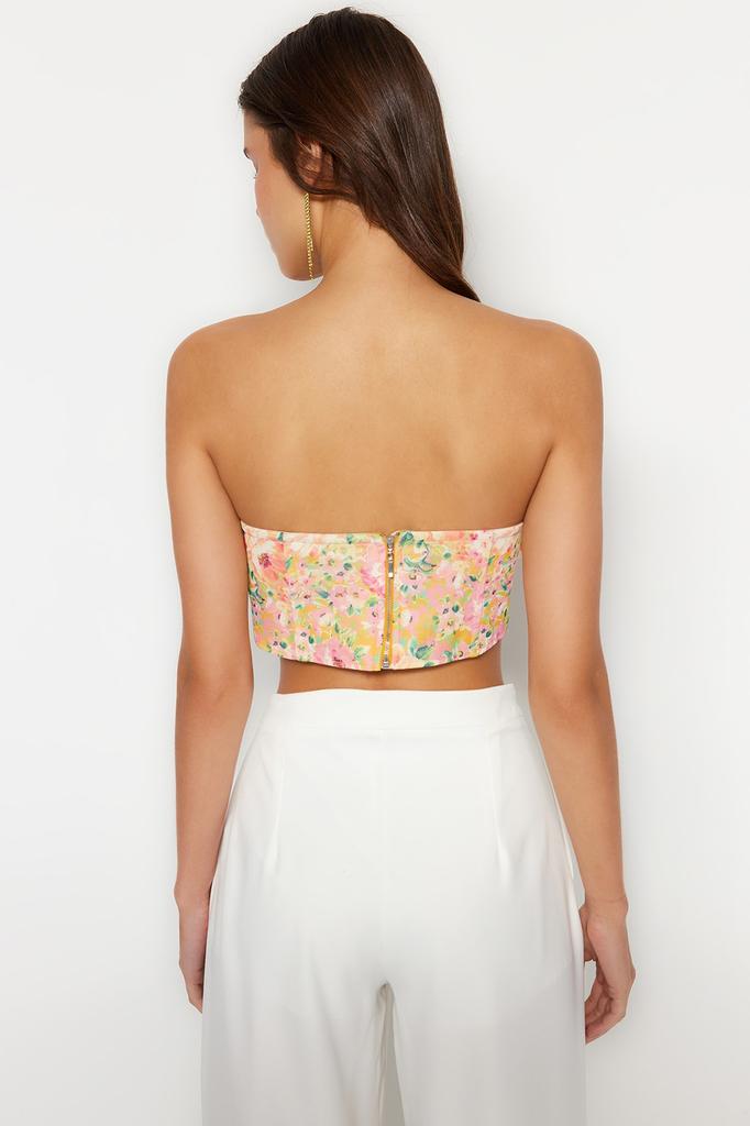 Women's Fashion New Bustier Blue-Multicolor Floral Printed Tulle Bustier