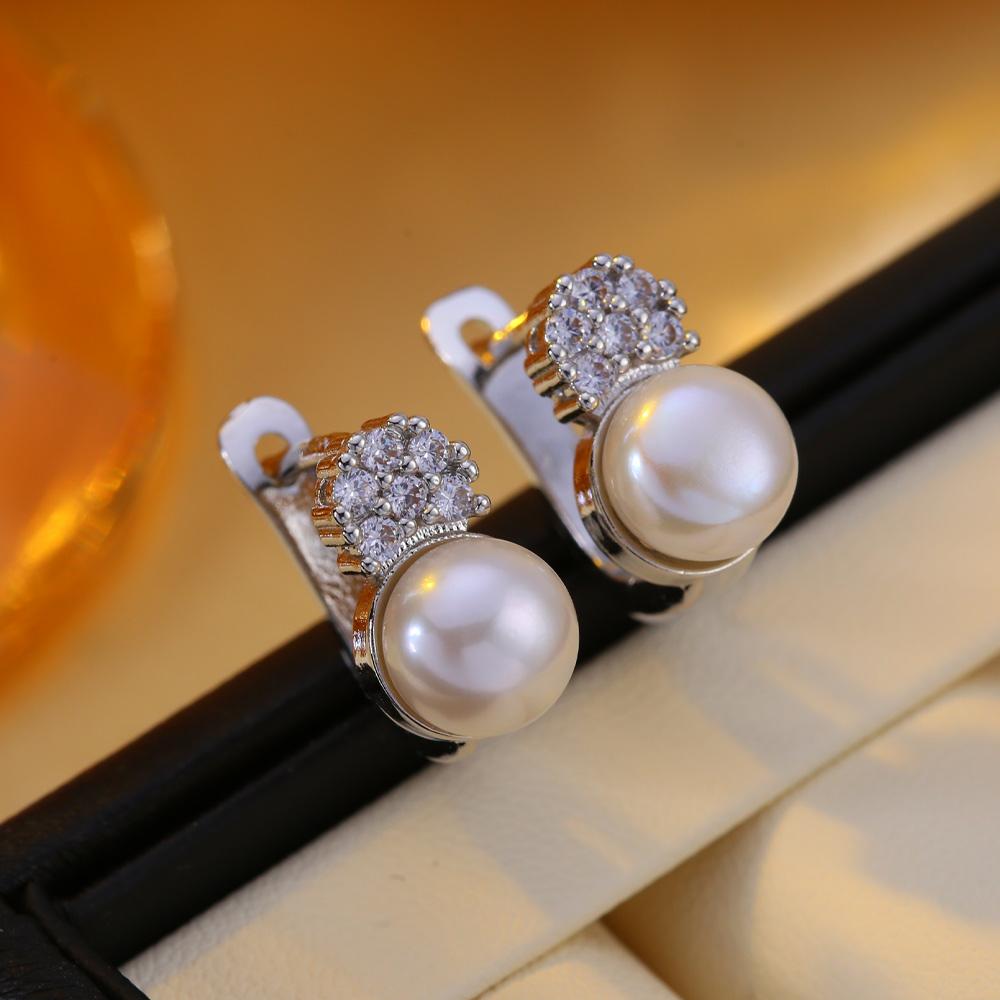 seniko 8-9mm Natural Freshwater Pearl Earrings Fashion Cubic Zirconia Clip Earrings For Women Girl Gift