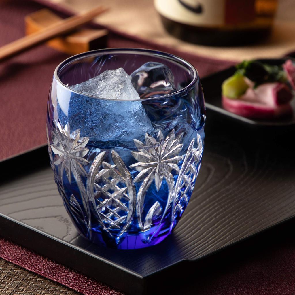 Kagami Crystal Rocks Glass Blue 240cc Edo Kiriko Yarai Heavy Star Crest T727-2668CCB