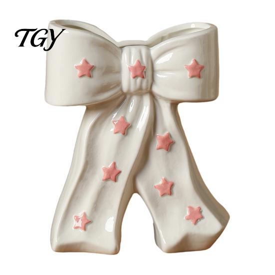 Flower Arrangement Pot Ceramic Bow Vase with Star, Decorative Flowers Vase, Creative Chic Room Decor Gifts Holder for Living Table Centerpiece