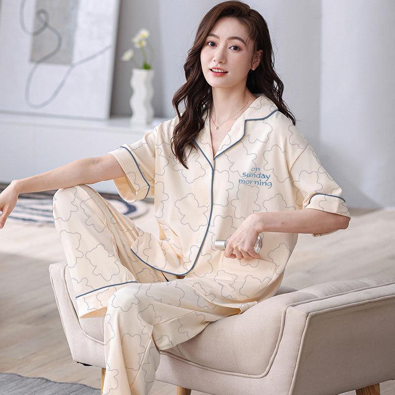 Pajamas Female Cute Cartoon Bear Cardigan Short-Sleeved Trousers Loose Large Size Loungewear Two-Piece Set