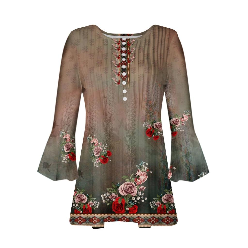Рубашки на пуговицах для женщин, туника с принтом, летние топы, нарядные повседневные весенние блузки с рукавом 3/4 и v-образным вырезом