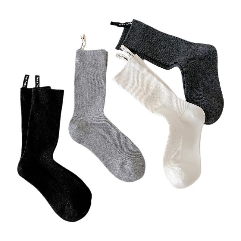 Heel Cloth Label Socks for Women, Solid Color Striped Mid-calf Socks, Spring and Autumn Trendy Pile Socks, Grey Socks