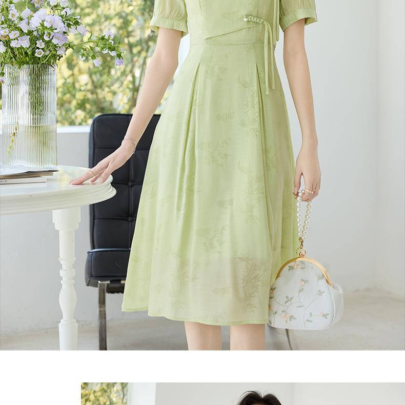 New Chinese style light national style buckle pearl square neck cinched waist slimming bamboo texture heavenly silk dress