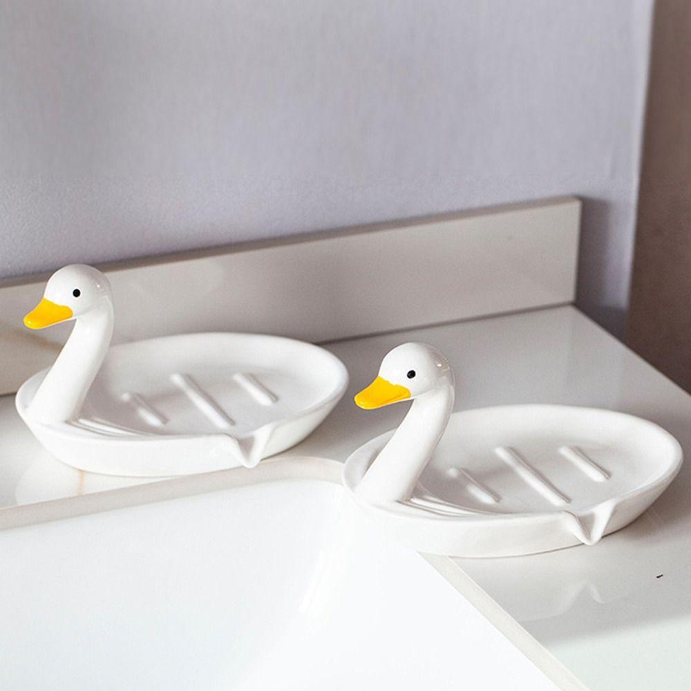 Cartoon Animal Duck Ceramic Soap Dish Cute Drain Storage Rack Portable Soap Holder Hand Wash Table