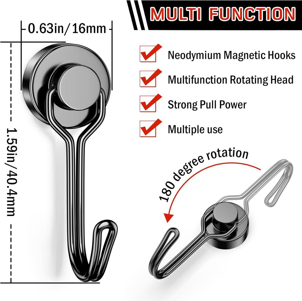 Magnetic Hooks Heavy Duty Magnetic Swivel Hooks Cruise Black Strong Neodymium Magnet Hook for Refrigerator, Grill, Locker
