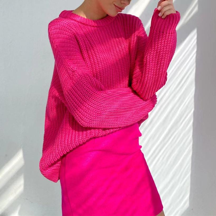 Однотонный толстый свитер с круглым вырезом, женский новый осенне-зимний свободный свитер с длинными рукавами, ленивый женский топ