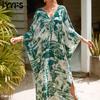 Женская мода, отпуск, лето, весна, зеленые и желтые повседневные платья с длинными рукавами и v-образным вырезом с принтом листьев