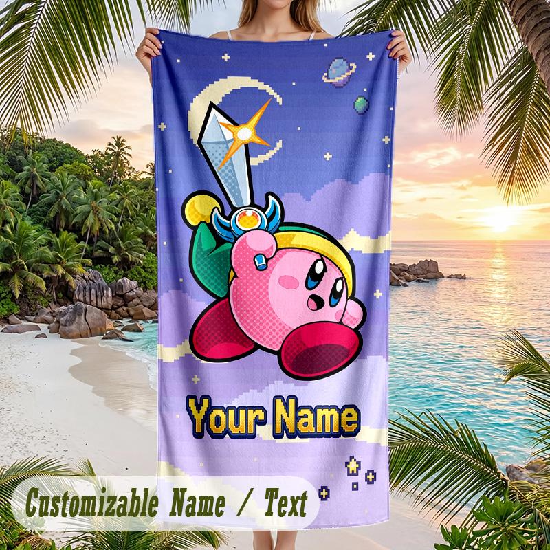 Kirby Beach Towel, Personalized Custom Text, Quick Dry Soft Large Towel For Swimming Pool Travel