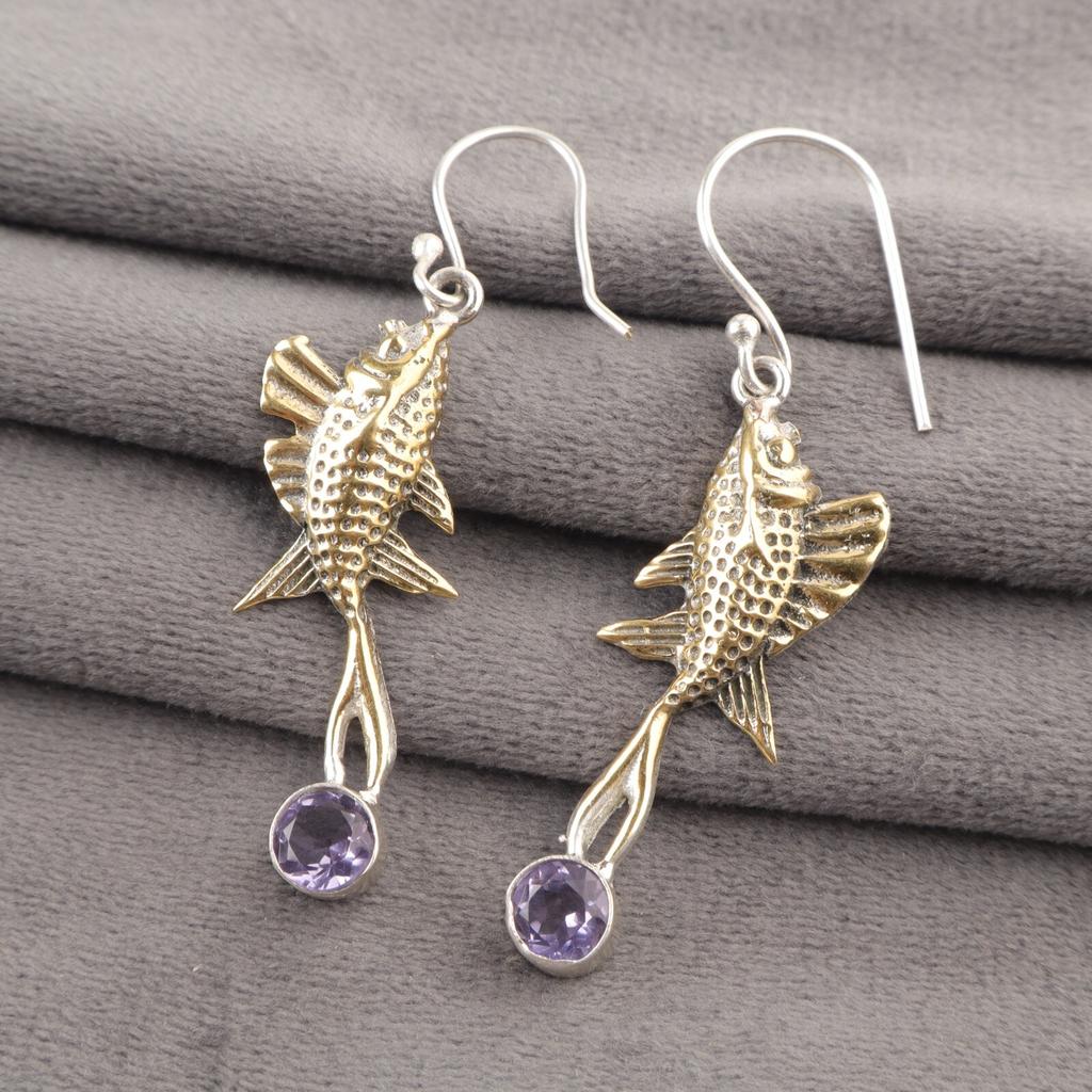 Round Iolite Gemstone Sterling Silver Unique Drop Mother Gift Earrings Jewelry EE-148-5