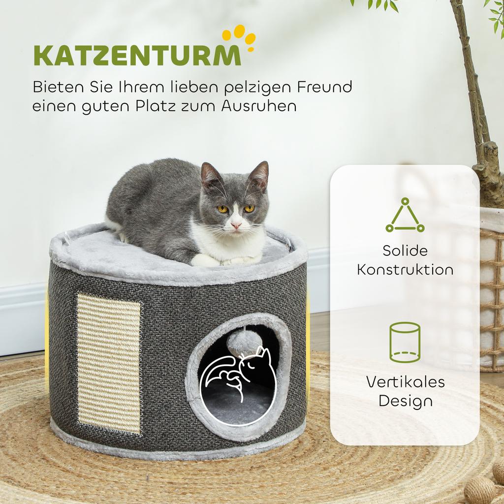 Cat Cave, 2 Levels, Cat House, Plush, Cushion, Sisal Scratching Board, diameter 40 x 30H cm, Dark Grey