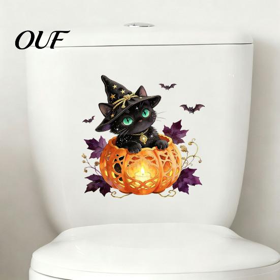 Removable Waterproof Bathroom Decor Halloween Black Cat Witch Toilet Decals, Self-Adhesive Bat Cover Ceramic Tile Stickers Seat Stickers, PVC