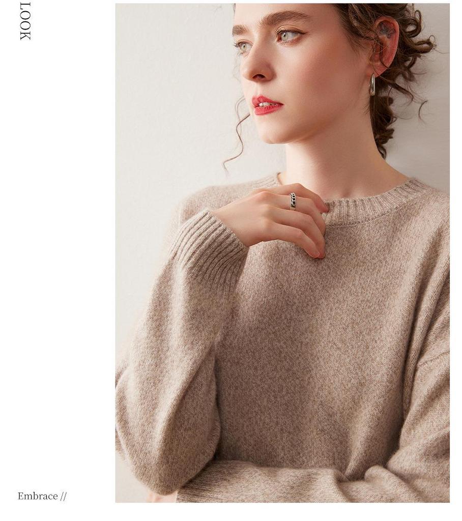Women's Cashmere Round Neck Sweater - Thickened, Loose, Knit, Autumn/Winter Style