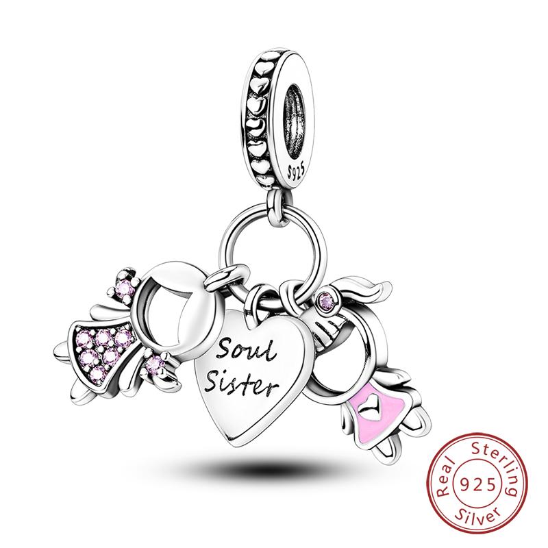100% 925 Silver Sisters Best Friends Series Charms Pink Heart Rose Beads Fit Qikaola Bracelet DIY Birthday Jewelry Gift