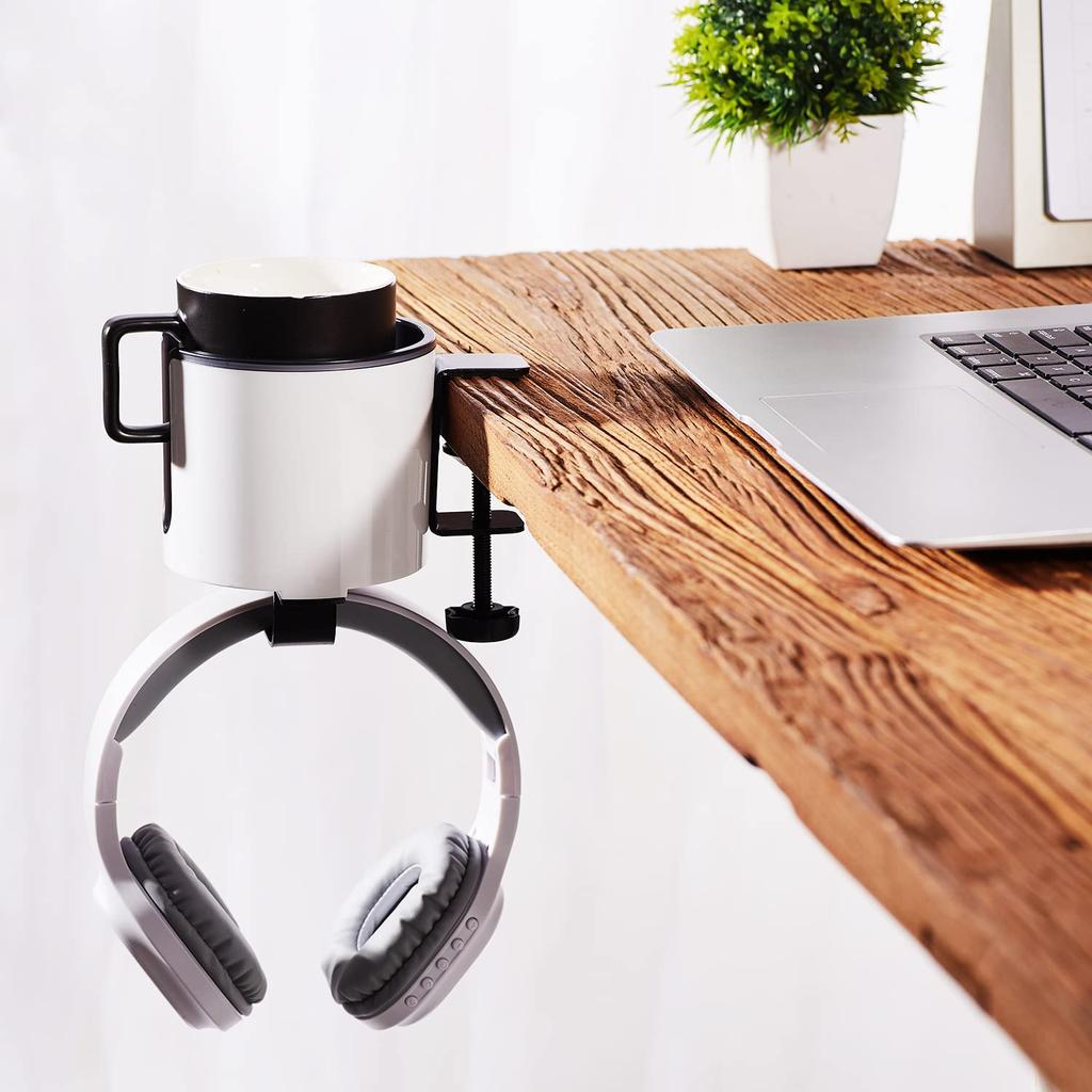 Bitze Luxury 2-in-1 Drink Cup Holder, Desk Cup Holder, Multifunctional Storage Rack for Computer Desks, and Earphone Holder (White)