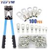 Battery Cable Lug Crimping Tool 10-0 AWG with 100Pcs Copper Ring Terminals 8 Sizes Cable Lugs Set, Heavy Duty Wire Crimper