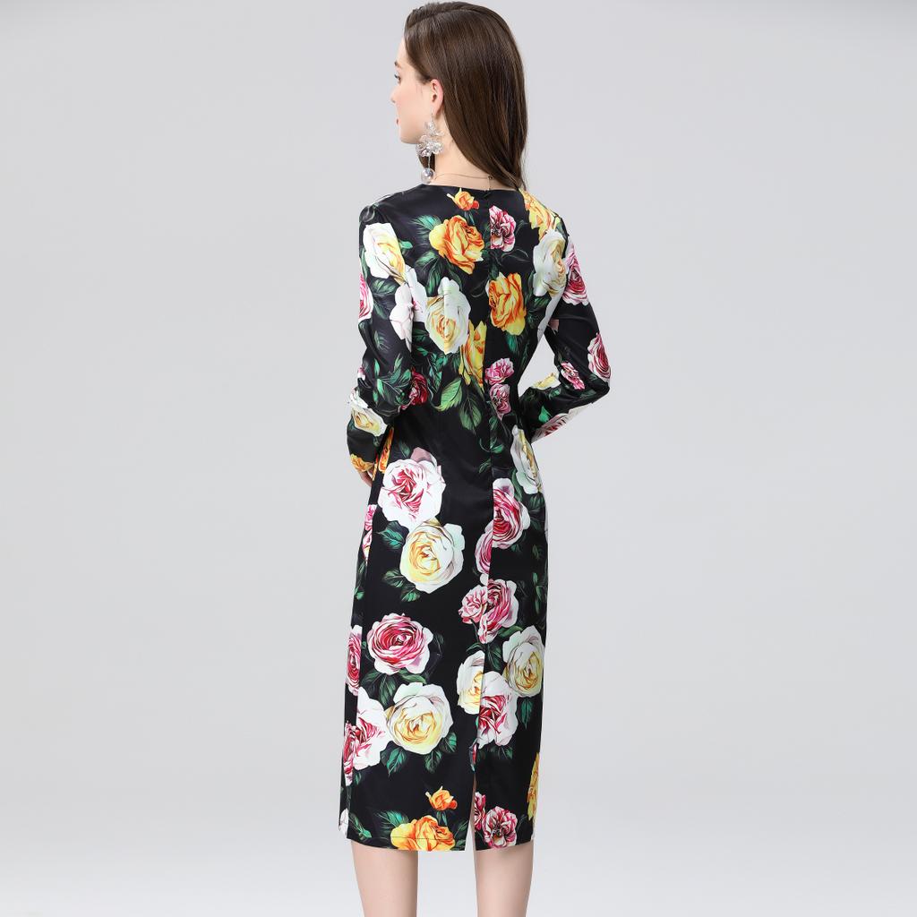 Spring Summer Women Fashion Elegant Full Sleeve Flower Print Slim Bodycon Office Work Pencil Dresses