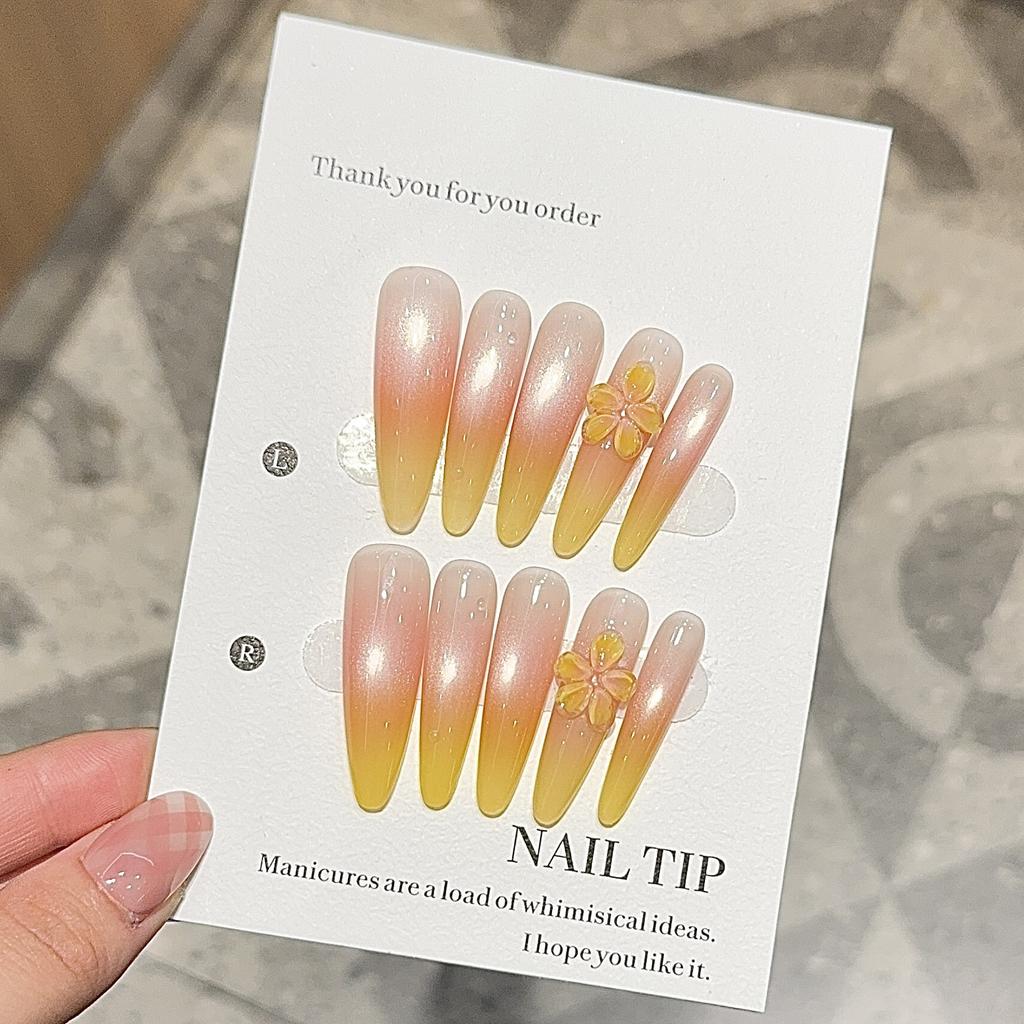 Clear and White Cat's Eye Yellow Pure Handmade Nail Pure Handmade Summer Medium and Long Nail Patch Fake Nail Piece