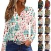 Женская модная повседневная футболка с длинным рукавом и V-образным вырезом на рождественском принте на пуговицах
