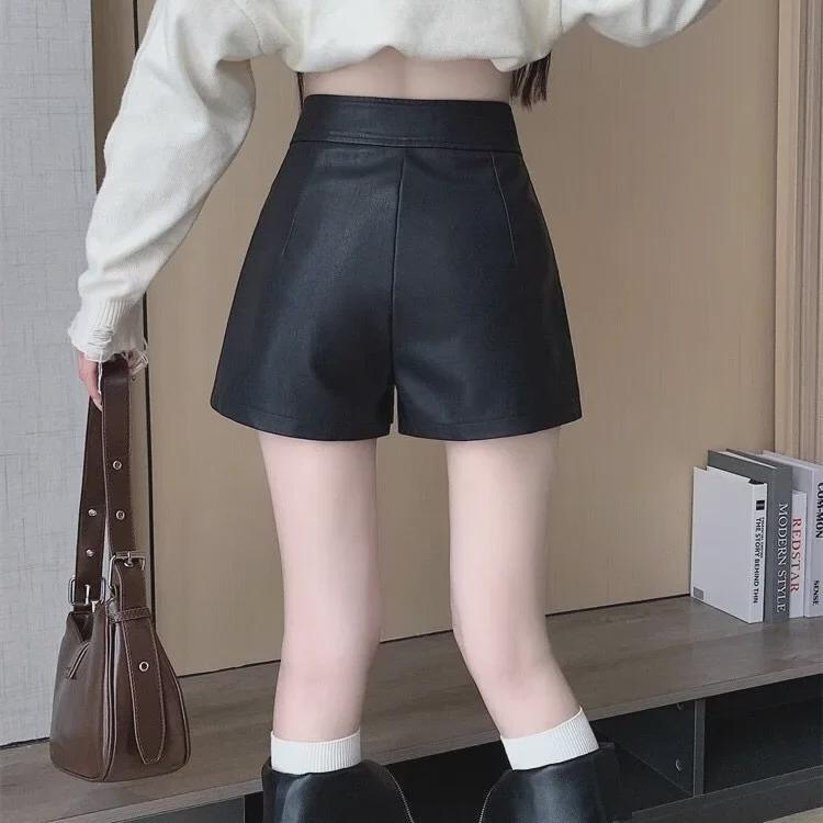Женские шорты А-силуэта из искусственной кожи 2023 года: Осень/Зима Узкие Широкие Штаны Повседневный Уличный Стиль
