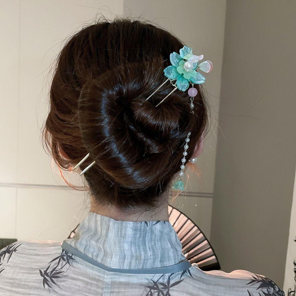 Exquisite Flowers Pearl Tassel Hairpin Fashion Flower Headdress Ancient Style Hair Stick  Hanfu