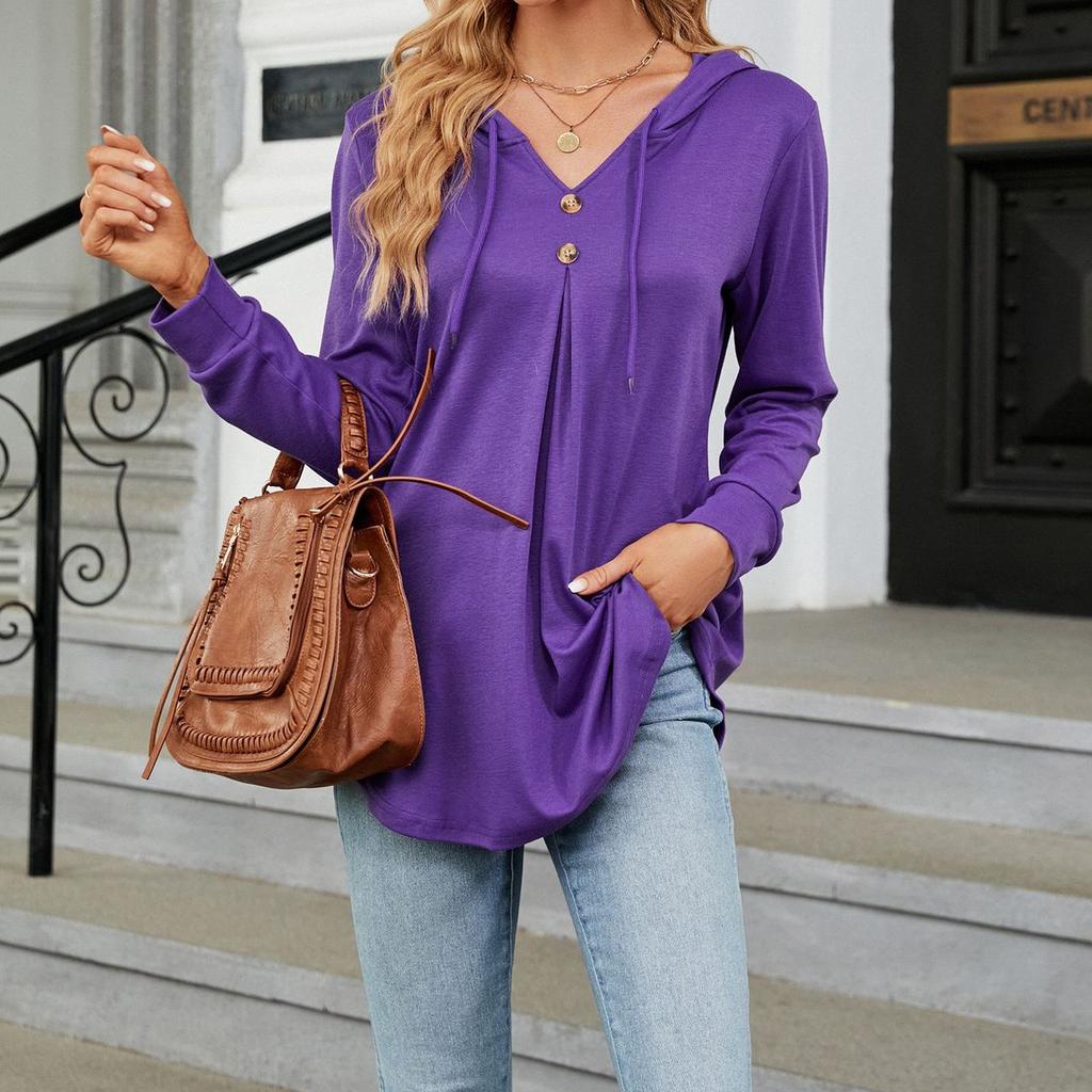 JKASHDK Женская мода на лето и весну, повседневные однотонные свободные блузки и рубашки с длинным рукавом и v-образным вырезом с принтом