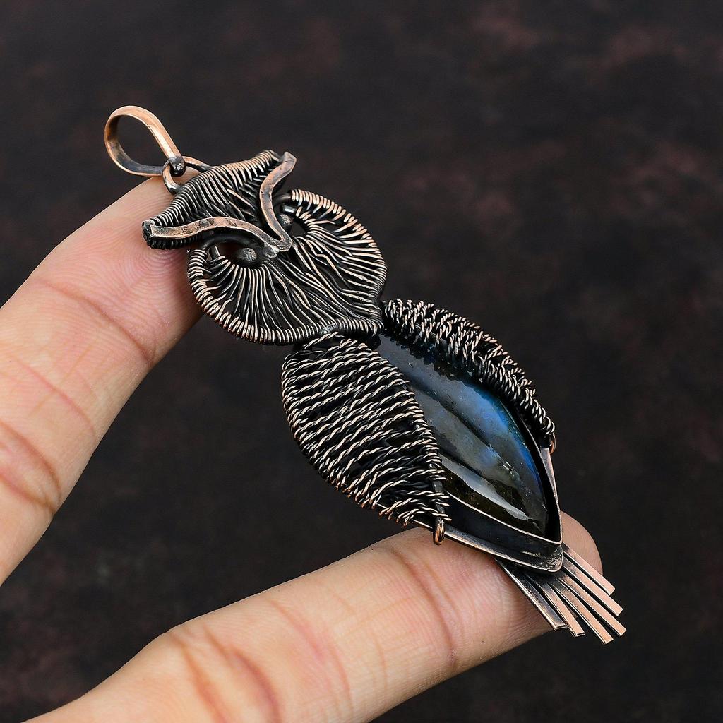 Подвеска из лабрадорита, подвеска из медной проволоки, ювелирные изделия из драгоценных камней и меди, подвеска в виде совы, дизайнерская подвеска, свадебный подарок, ювелирные изделия ручной работы из проволоки