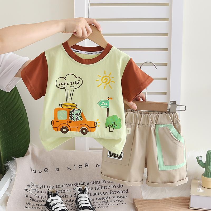 Комплект с короткими рукавами для мальчиков Детская футболка с круглым вырезом и рисунком из мультфильма Цветные блоки Повседневные шорты Комплект из двух предметов Удобная одежда Для малышей