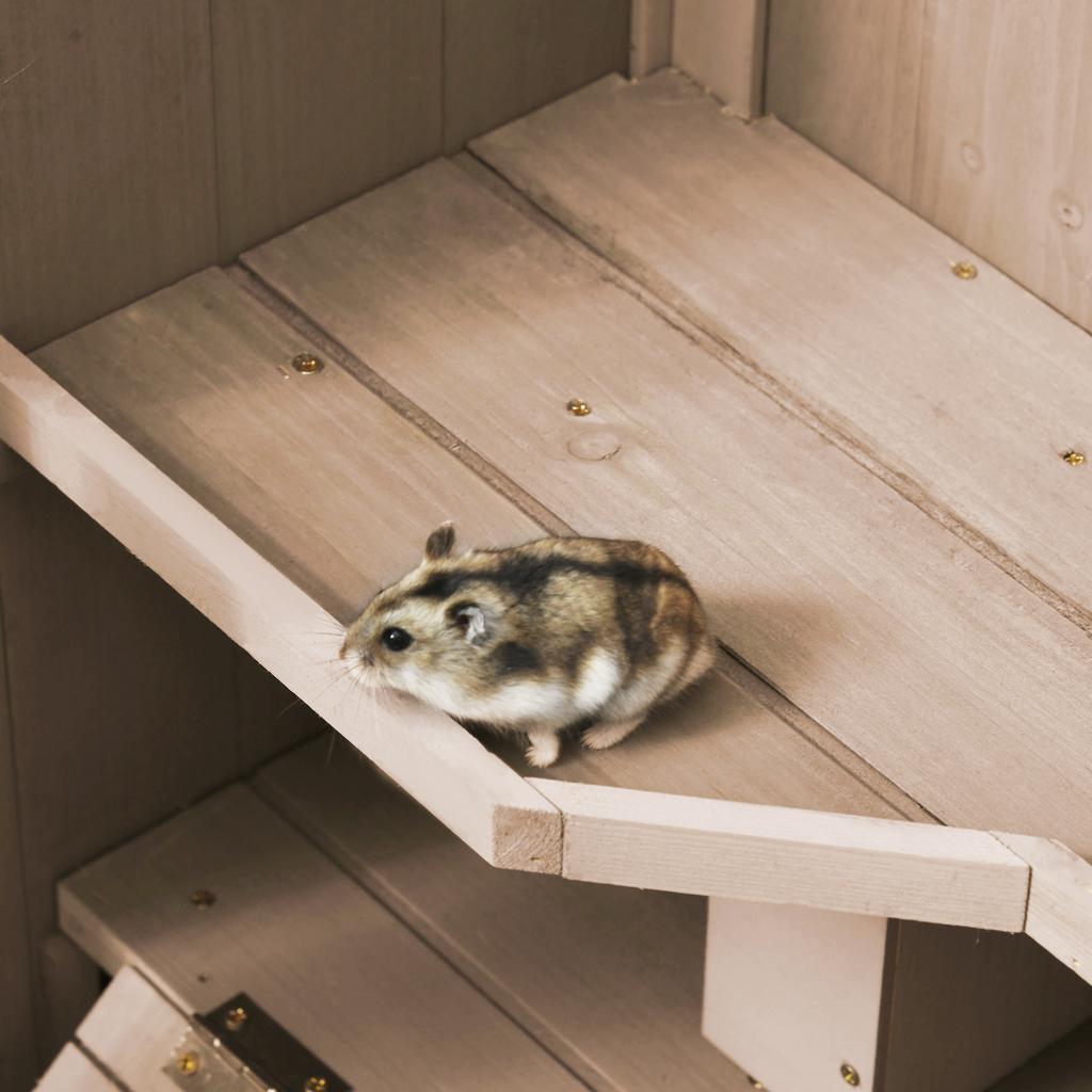 Wooden Hamster Cage, Mice Rodent Small Animals Kit Hutch, 3 Tiers Exercise Play House, with Wheels, Bottom Tray, 99 x 50 x 69 cm, Natural Wood