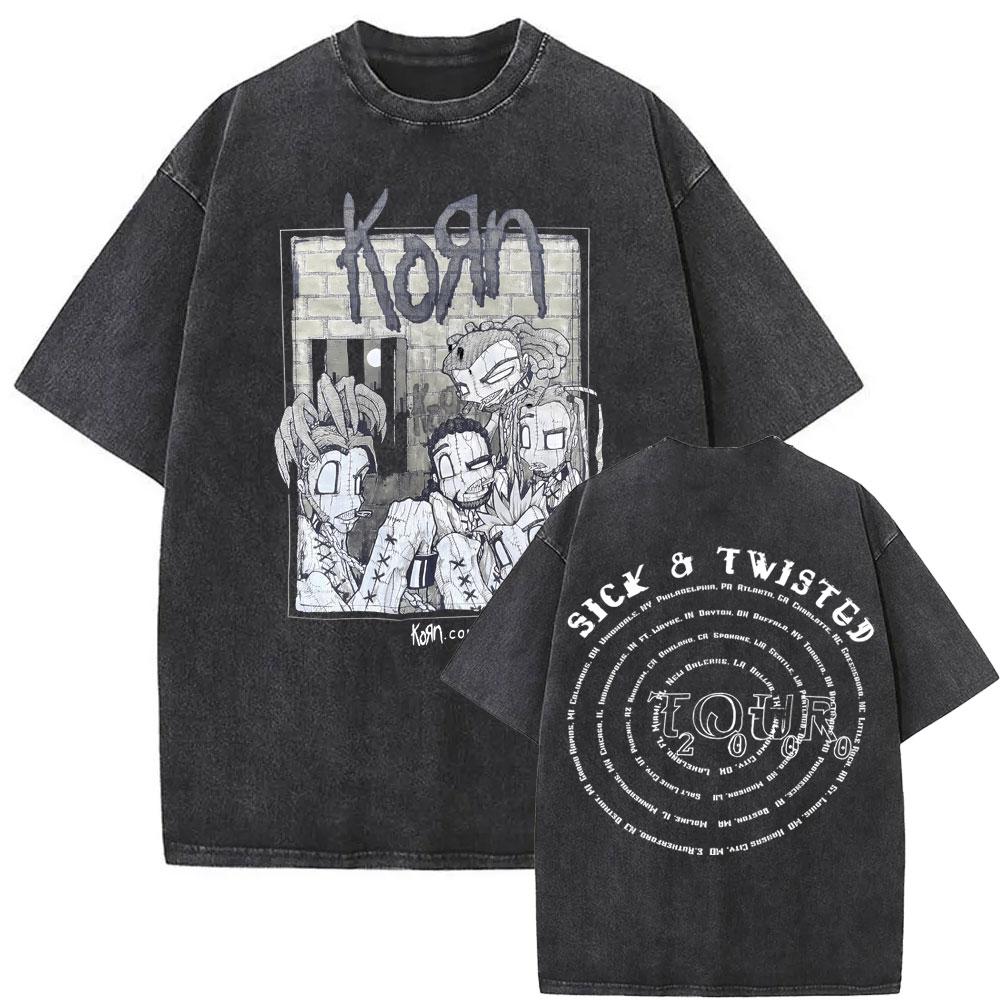 Washed Vintage Rock Band Korn Graphic Print T-shirt Male Metal Music Oversized T-shirts Men Women Kawaii Cute Pink T Shirt