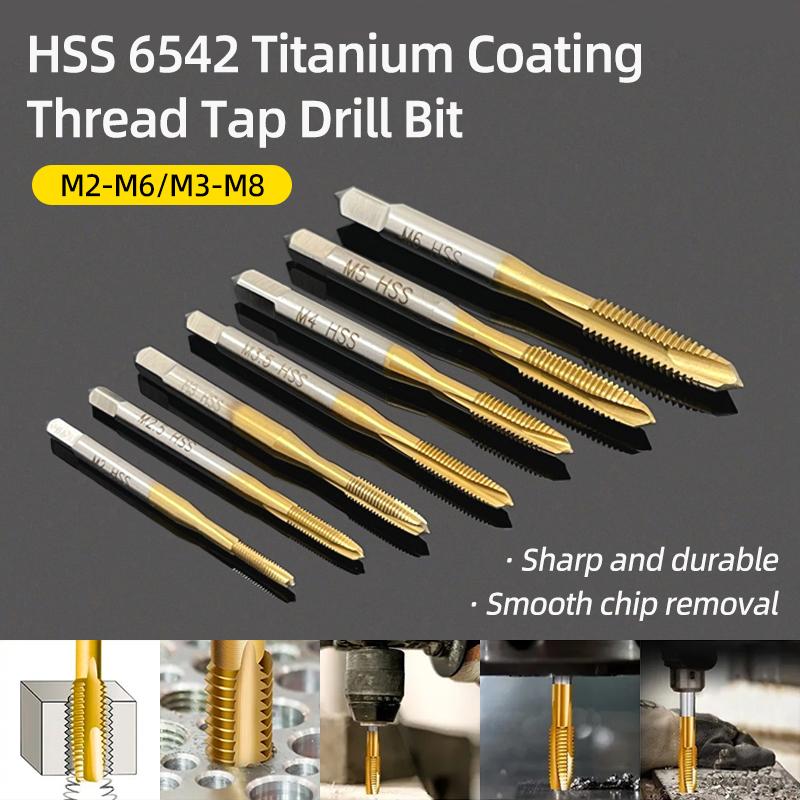 Machine Thread Tap Drill Bit HSS 6542 Titanium Metric Screw Machine Taps Straight Flute Hand Tool M2/M2.5/M3/M3.5/M4/M5/M6/M8