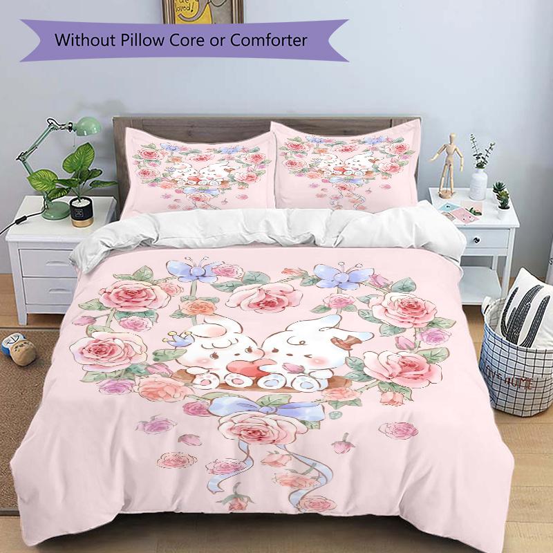 3pcs Love Flowers & Bunnies Printed Quilt Set - Soft and Comfortable Quilt Cover for Bedroom, Guest Room and Dormitory Decorative Bedding Se