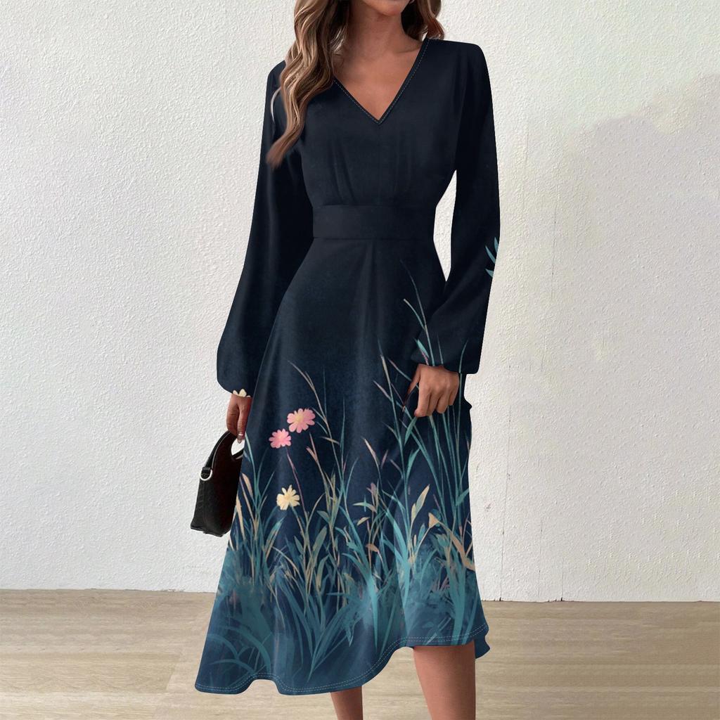 Women's Casual Fashion V-Neck Long Sleeve Floral Print Long Dress