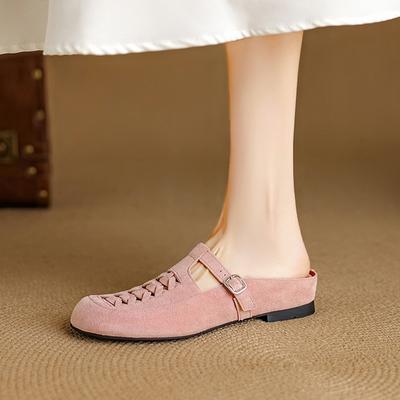 Модные новые женские туфли-мюли из натуральной кожи, замши, дышащие, на эластичной пряжке, со средним каблуком и закрытым носком