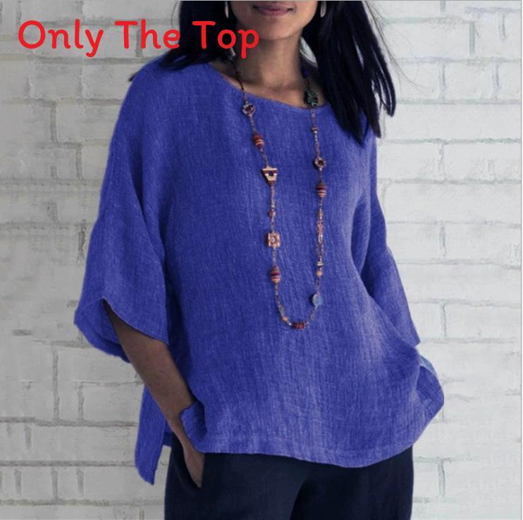 Cotton Linen Blouse For Women With Round Neck And Seven Quarter Sleeves For Casual Office Wear