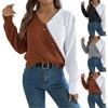 Women's Fashionable Knitted Sweater Pullover Color Block V Neck Button Sweater Long Sleeve Top