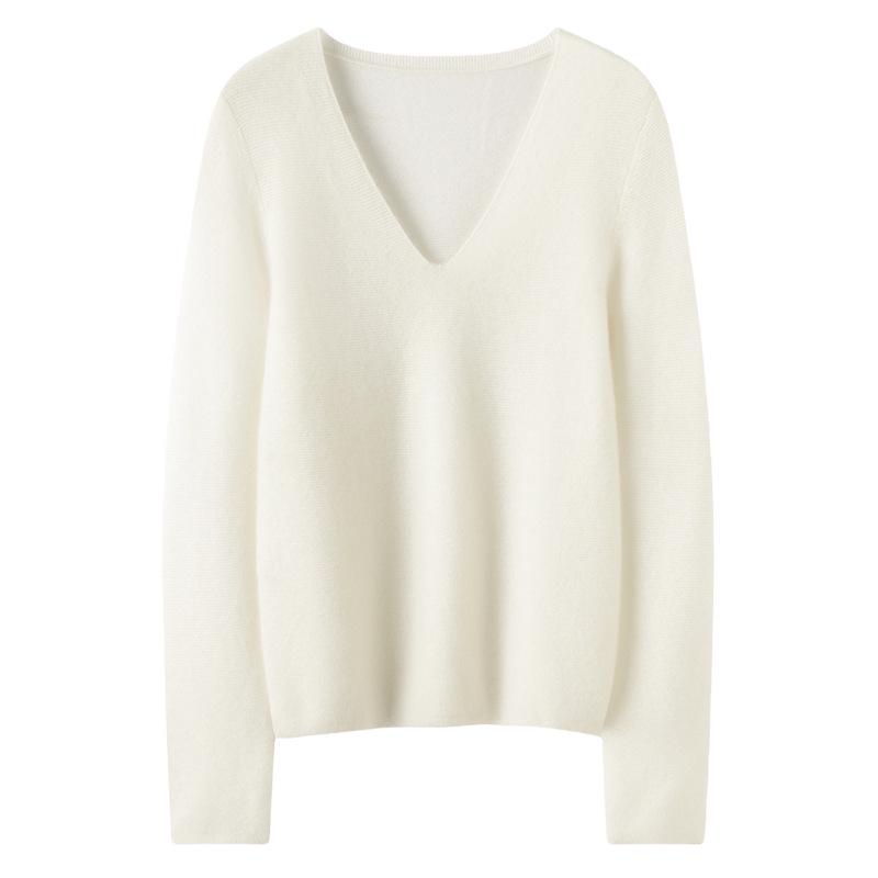 Women's Versatile Deep V-Neck Cashmere Knit Sweater - Long Sleeve