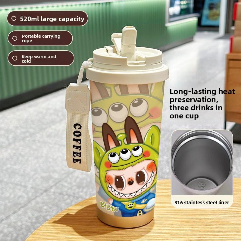 Large Capacity 316 Stainless Steel High Value Double Drink Thermos Cup Seven Labubu Cloth Straw Car Coffee Cup