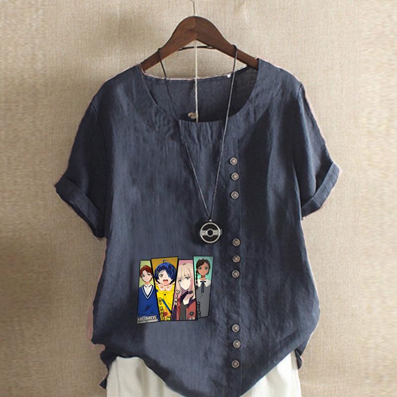 Women's Fashion Cartoon Characters Prined Round Neck Short Sleeve T-shirt Casual Cotton Linen Graphic Shirt Leisure Loose Summer Blouse Tops