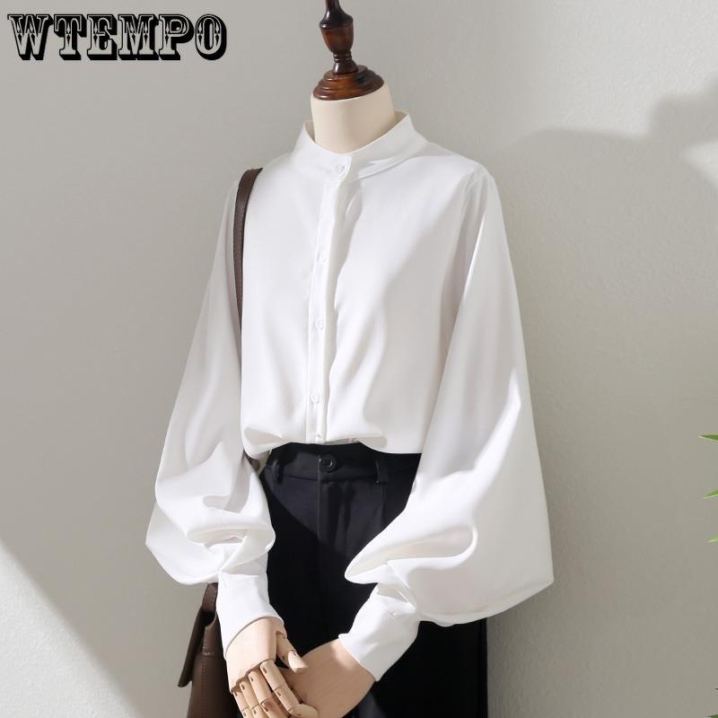 Белая рубашка с рукавами-фонариками, женская матовая рубашка с длинными рукавами, корейская мода, свободная рубашка с воротником-стойкой и объемными рукавами