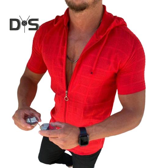 Мужская футболка с капюшоном, короткими рукавами, клетчатая футболка на молнии, повседневный тонкий летний топ для спорта, отдыха на природе, пляжа