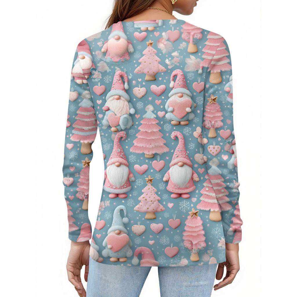 Женская мода Повседневная футболка с V-образным вырезом, длинными рукавами и декоративными пуговицами