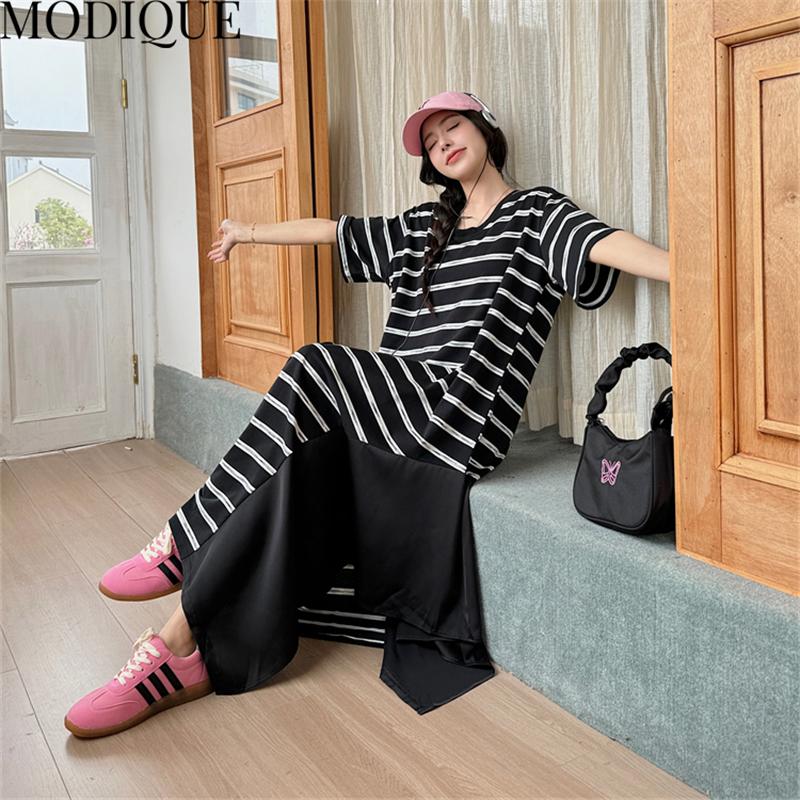 MODIQUE Лето Плюс Размер Женщины Свободные Универсальные Черно-Белые Полосы Лоскутные Длинные Платья Женские Повседневные Платья С Коротким Рукавом U-образным Вырезом