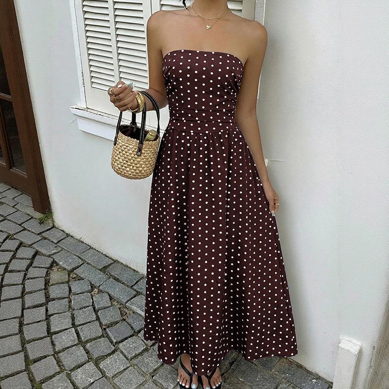 Womens Polka Dots Strapless Summer Dresses, Elastic Back Smocked Beach Vacation Outfits Vintage Elegant Maxi Dress