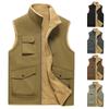 Men's Casual Fleece Solid Color Zipper Vest, Multi-pocket Workwear Vest, Stand-up Collar Lambskin Vest