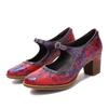 Туфли-лодочки из натуральной кожи красного цвета на высоком каблуке в стиле ретро с тиснением, универсальные женские туфли на толстом каблуке
