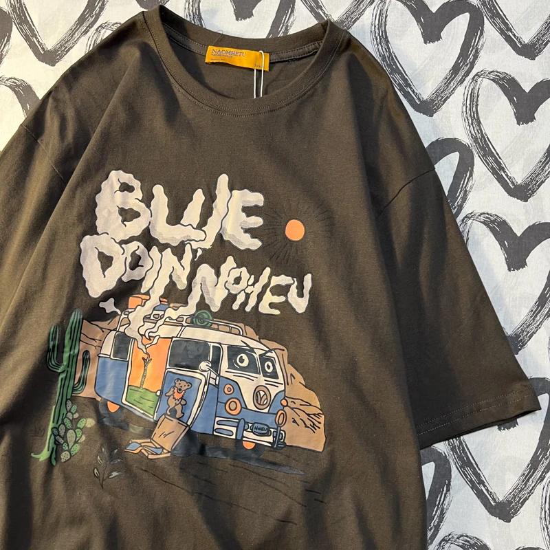 Обратите внимание на американскую ретро-мультяшную футболку с короткими рукавами, модную хлопковую свободную футболку большого размера для влюбленных мужчин и женщин