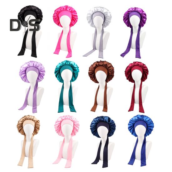 Women Shower Cap Sleeping Satin Bonnet Solid Color Adjustable Lace-up Bow Waterproof High Density Women Braids Curly Night Hat Beauty Parlor Cap