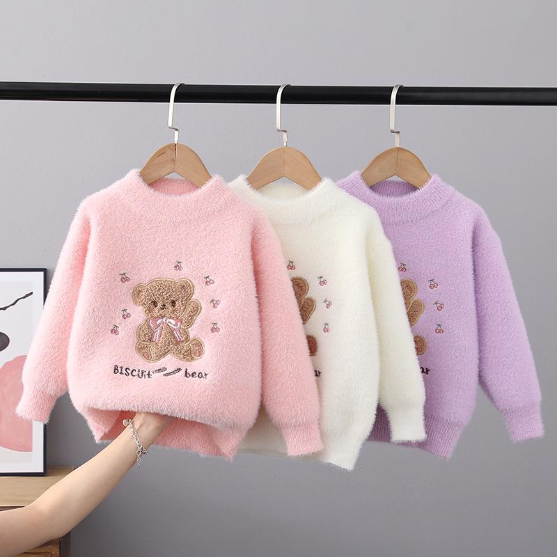 Child Sweater Autumn Winter Pullover Tops Girls Round Neck Sweaters Velvet Cartoon Long Sleeve Knitted Shirt