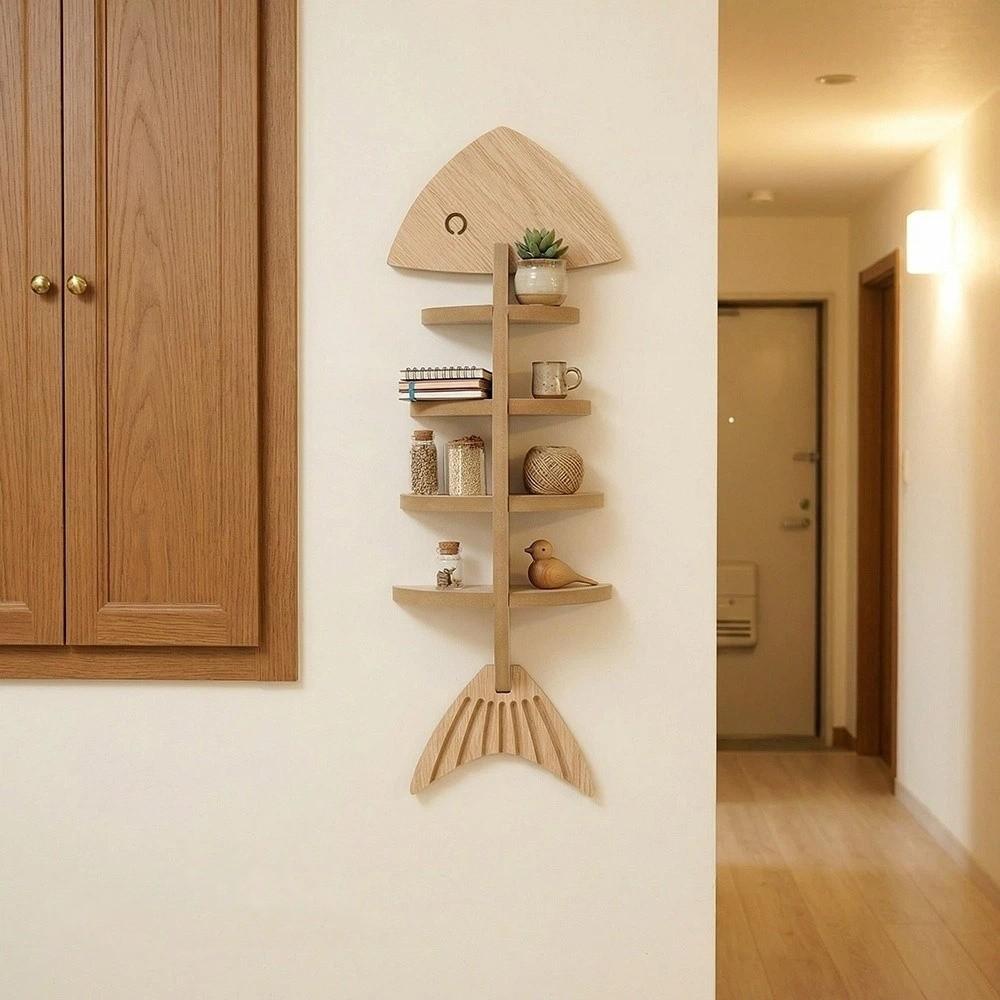 Fish Shaped Fish Bone Shelf Multi-layer Floating Shelf Wooden Wall Mounted Shelf Indoor Organizer